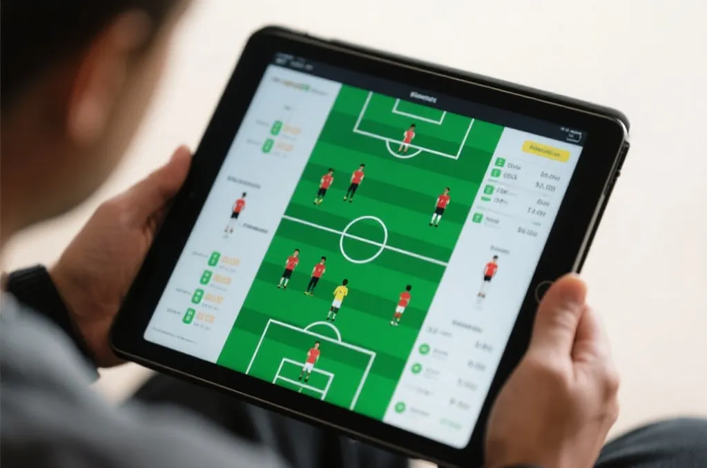 A close-up shot of a digital tablet showing football tactical diagrams and player statistics